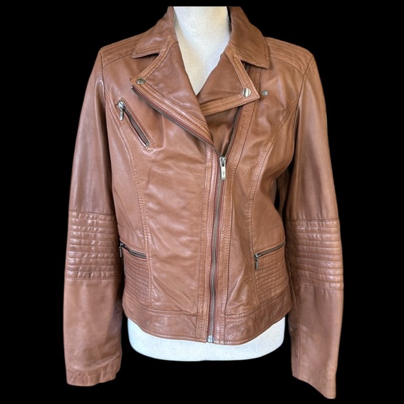 COLE HAAN ladies, brown leather bomber jacket, NWOT size large - Picture 1 of 15